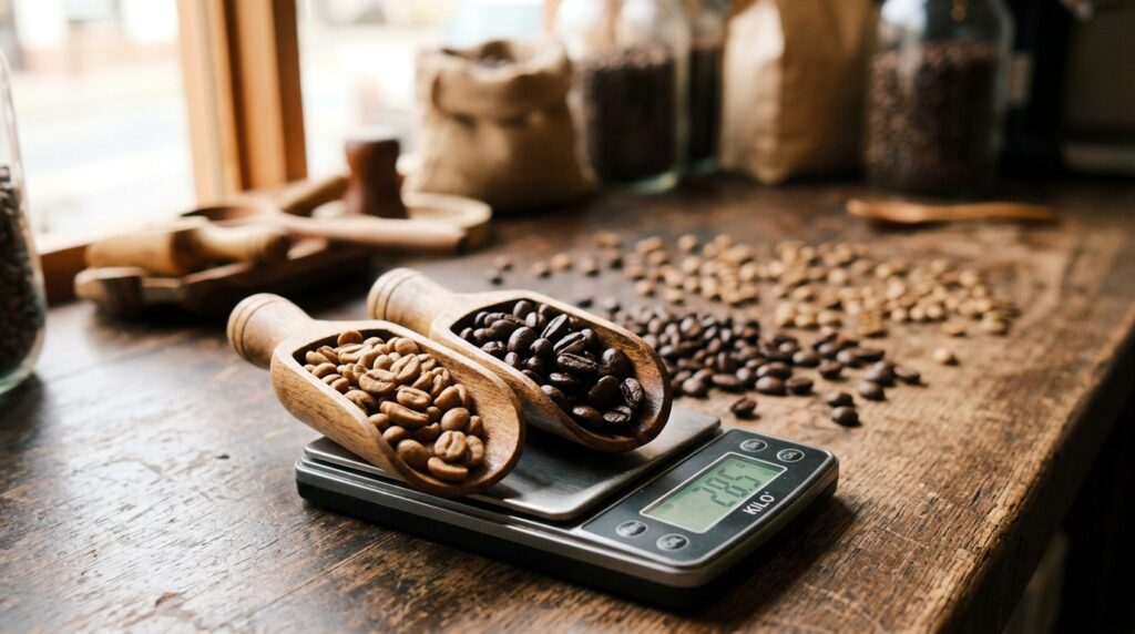 A close-up view of light and dark roasted coffee beans measured by weight, showcasing a wooden scoop filled with each type. In the foreground, the scoop rests on a wooden surface, glistening with fresh coffee oils, while a small digital scale displays the precise weight. The middle ground features scattered beans of varying shades, highlighting the contrast between the light, bright beans and the rich, dark ones. In the background, soft, diffused natural light spills in through a nearby window, creating a warm and inviting atmosphere. The overall mood is cozy and aromatic, perfect for illustrating the nuances of coffee roast levels.
