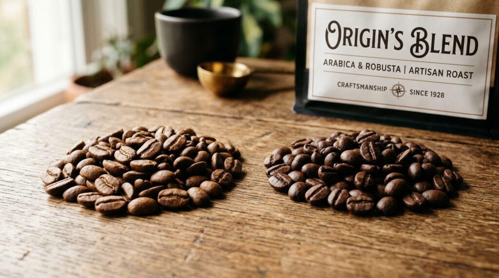 Arabica and Robusta coffee beans artfully arranged side by side on a wooden surface, showcasing their distinct shapes and colors, with the rich, darker brown of Robusta contrasting with the lighter, more oval-shaped Arabica beans. In the background, a beautifully designed espresso blend label is partially visible, hinting at the sophistication of the blend. Soft, warm lighting casts gentle reflections on the beans, highlighting their textures and creating an inviting, earthy atmosphere. The scene is captured from a slightly elevated angle, adding depth to the composition, while ensuring the focus remains on the beans and the label. The overall mood evokes a sense of warmth and a celebration of coffee craftsmanship.