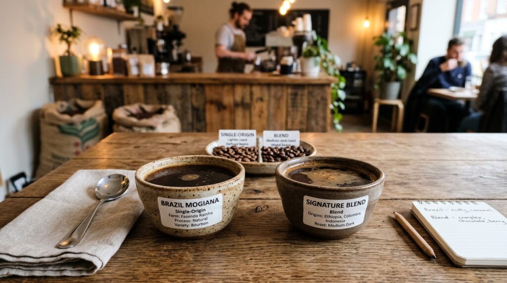Cupping bowls arranged neatly on a rustic wooden table for a side-by-side coffee comparison, showcasing two distinct varietals of coffee, one single-origin and one blend. The foreground features two elegant, handcrafted ceramic cupping bowls, each filled with freshly brewed coffee, their rich colors contrasting beautifully. In the middle, a simple tasting spoon lies beside each bowl, hinting at the depth of flavor to be explored. The background fades into a softly blurred coffee shop ambiance with warm, inviting lighting that enhances the rich browns of the coffee. The angle is slightly top-down, capturing the arrangement while maintaining focus on the bowls. The atmosphere is calm and inviting, perfect for a thoughtful tasting experience.