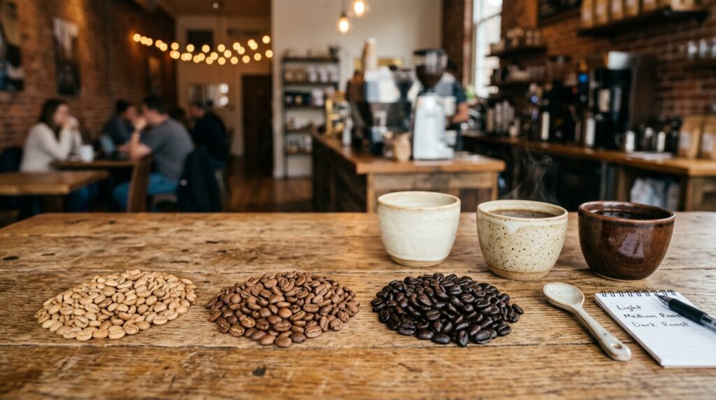 Light, medium, and dark coffee roasts arranged artfully on a rustic wooden table, beside elegant tasting cups. The foreground focuses on the rich, textured beans displaying a gradient from light blond to deep brown, emphasizing their distinct roast levels. In the middle, the cups are styled in ceramic with subtle earthy tones, reflecting the warmth of freshly brewed coffee. The background softly blurs to reveal hints of a cozy café interior, with warm lighting that creates an inviting atmosphere. The scene captures the rich aroma of coffee, evoking a sense of exploration and appreciation for flavor. A shallow depth of field is employed to enhance the foreground details, while the lighting is warm and soft, enhancing the rich colors of the coffee beans and cups.